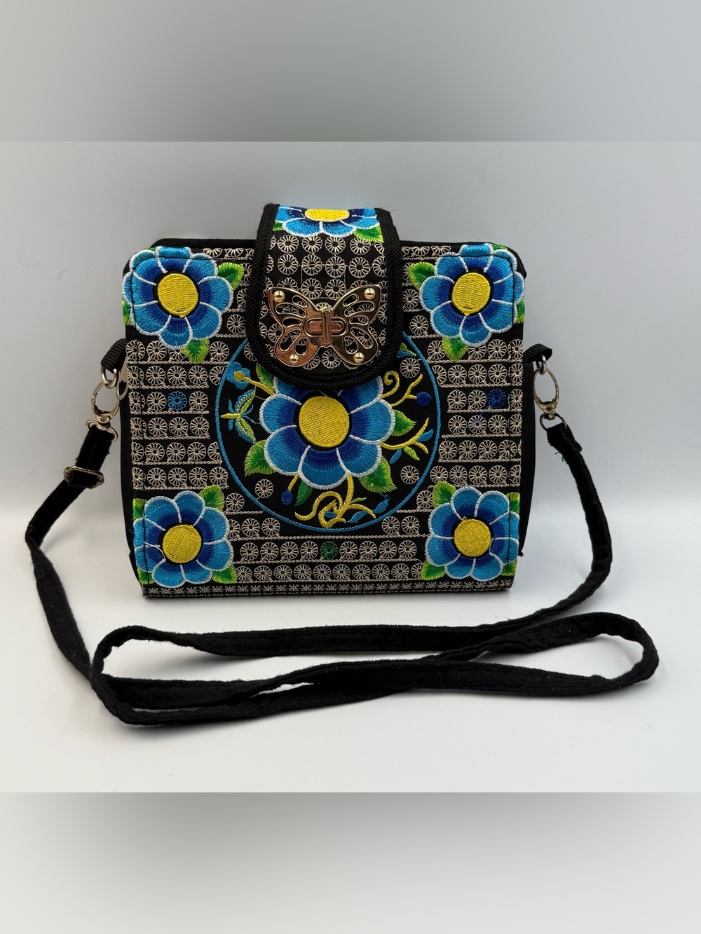 Mexican Embroidered Purse With Blue Flowers Butterfly Clasp Crossbody